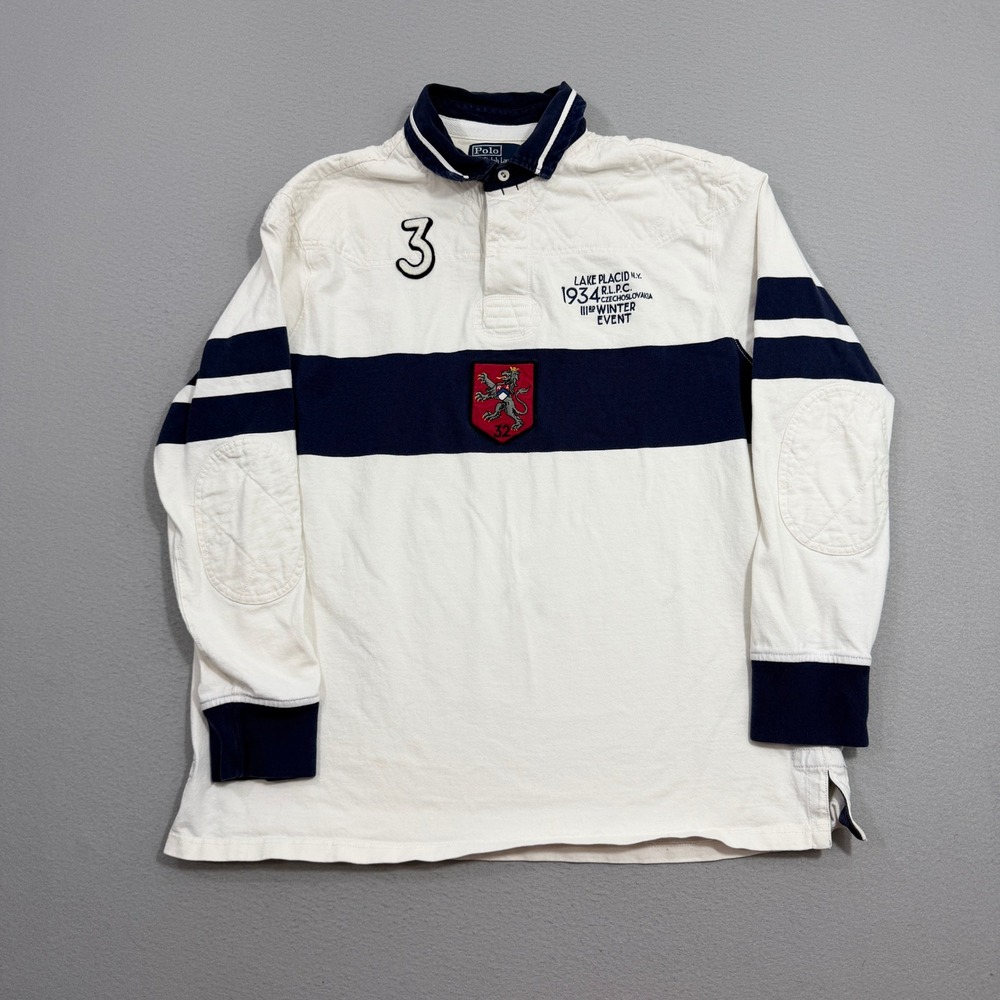 Vintage Polo Ralph Lauren Rugby Shirt Men XL White Lake Placid 1934 Winter Patch